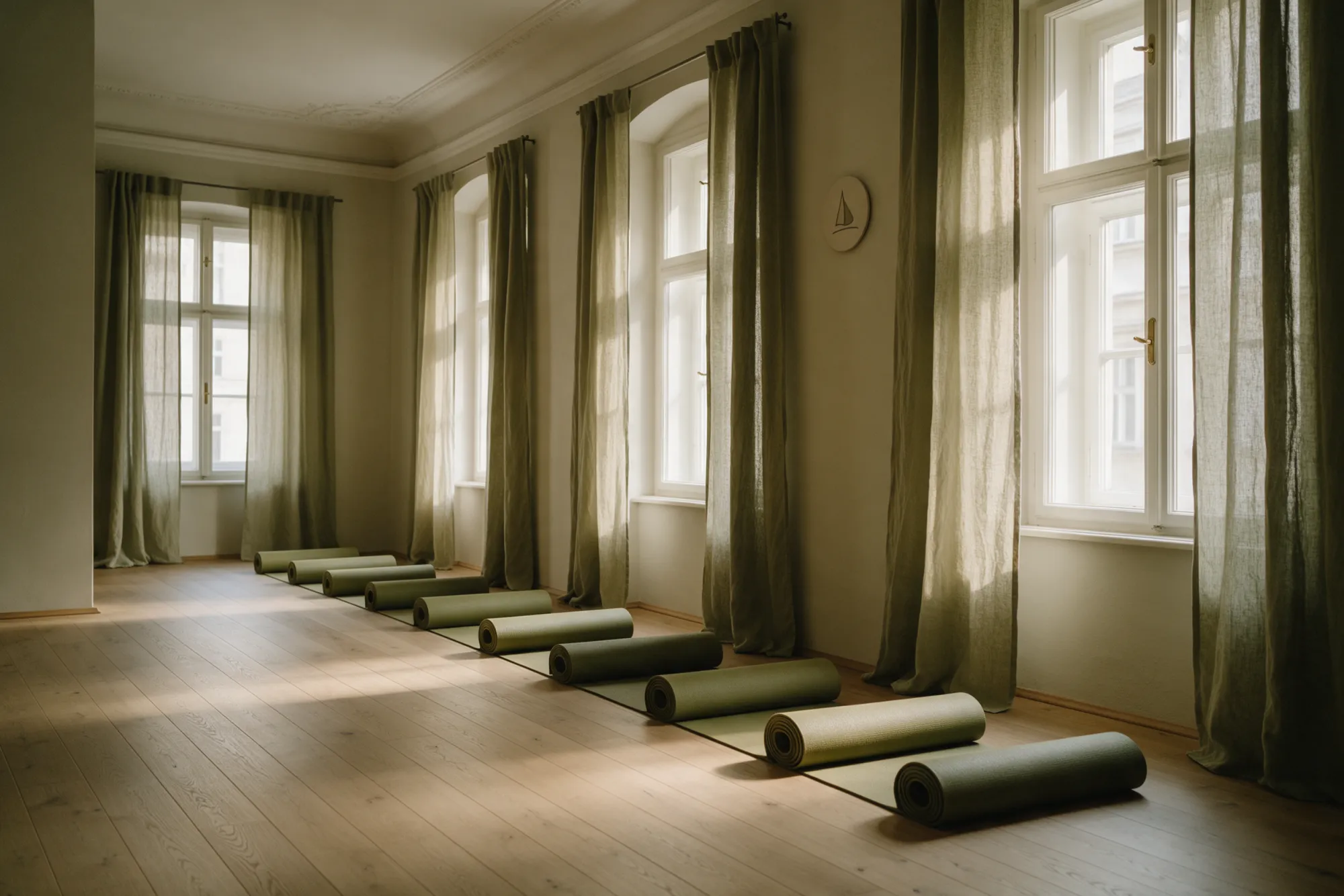 Ruhiger Übungsraum von Vela Yoga mit olivgrünen Matten und Leinenvorhängen
