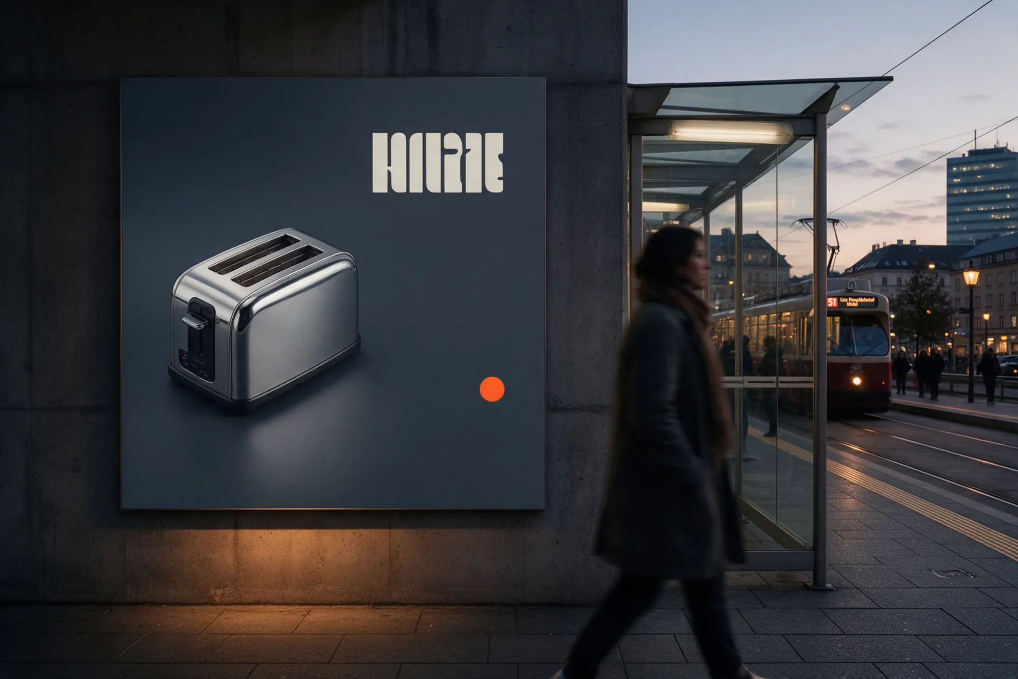 Plakat der Norda-Kampagne mit einem Toaster an einer Straßenbahnhaltestelle