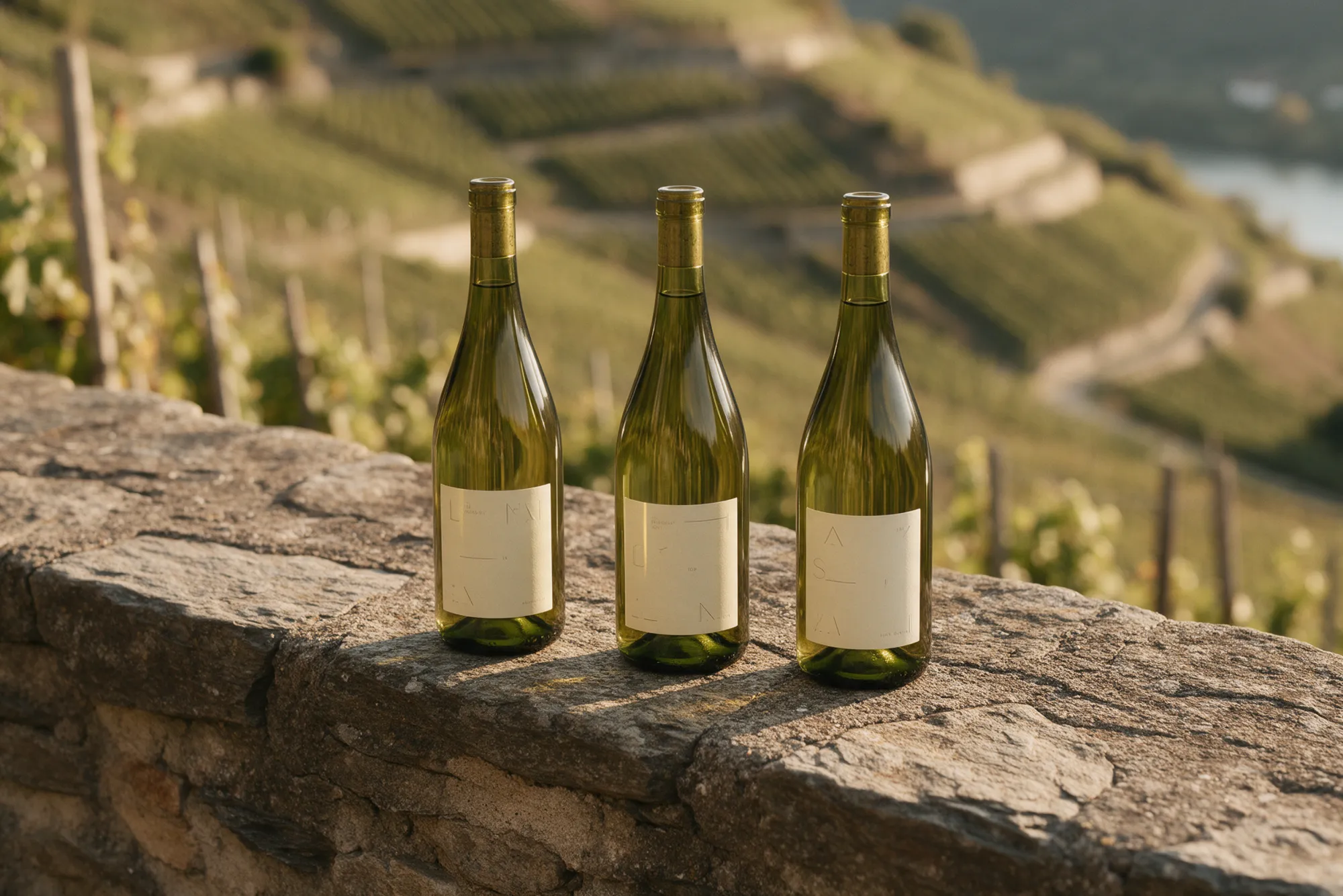 Drei Weinflaschen von Haus Brenner mit neuen Etiketten auf einer Steinmauer in der Wachau